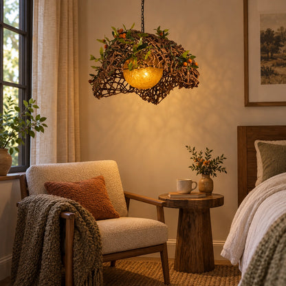 Woven botanical dome pendant in a reading corner