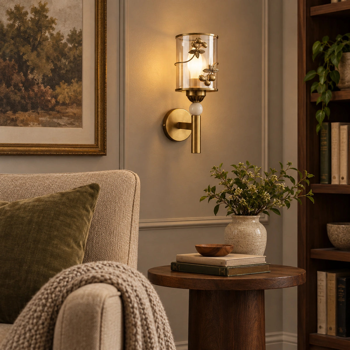 Botanical cylinder wall sconce in a reading corner