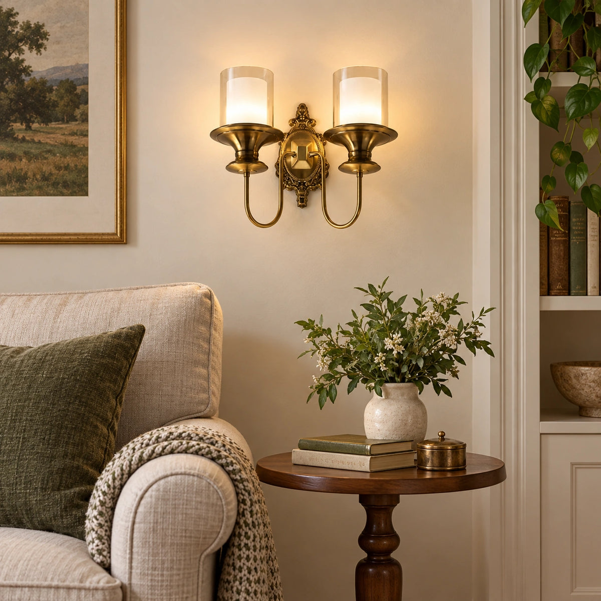 Ornate twin-cylinder wall sconce in a reading corner