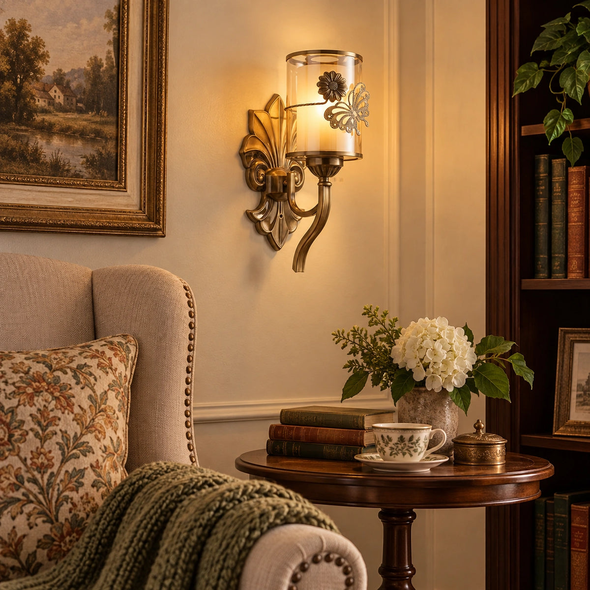 Floral cylinder wall sconce in a reading corner