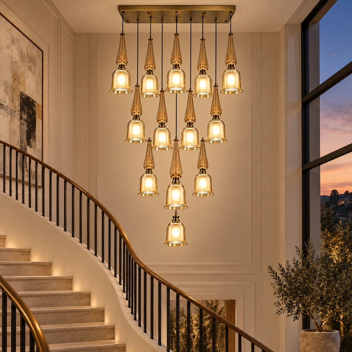 Thirteen-light amber glass cascade chandelier beside a staircase