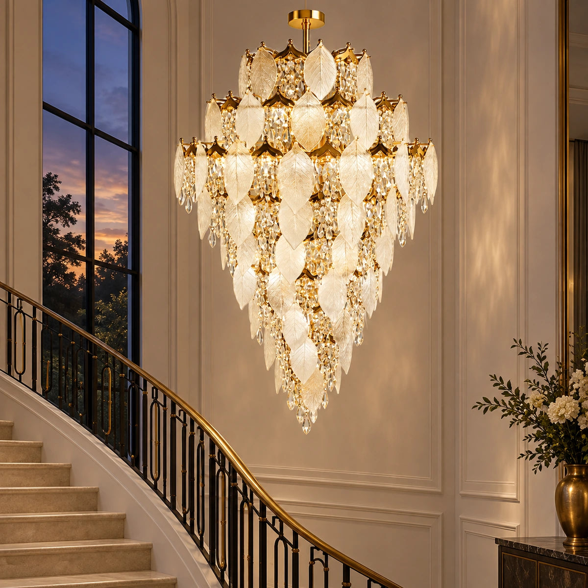 Grand frosted leaf chandelier beside a sweeping staircase