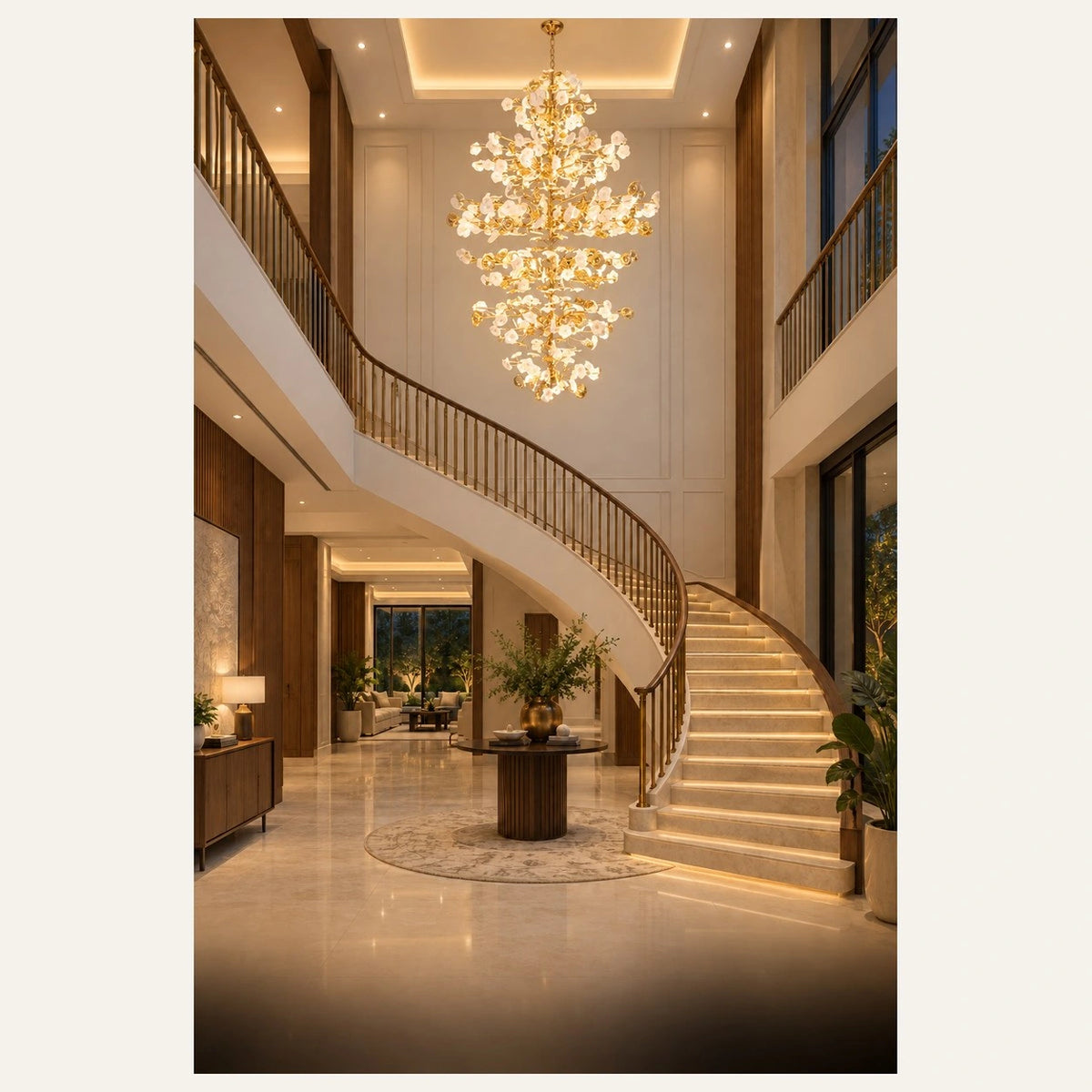 Porcelain leaf branch chandelier beside a duplex staircase