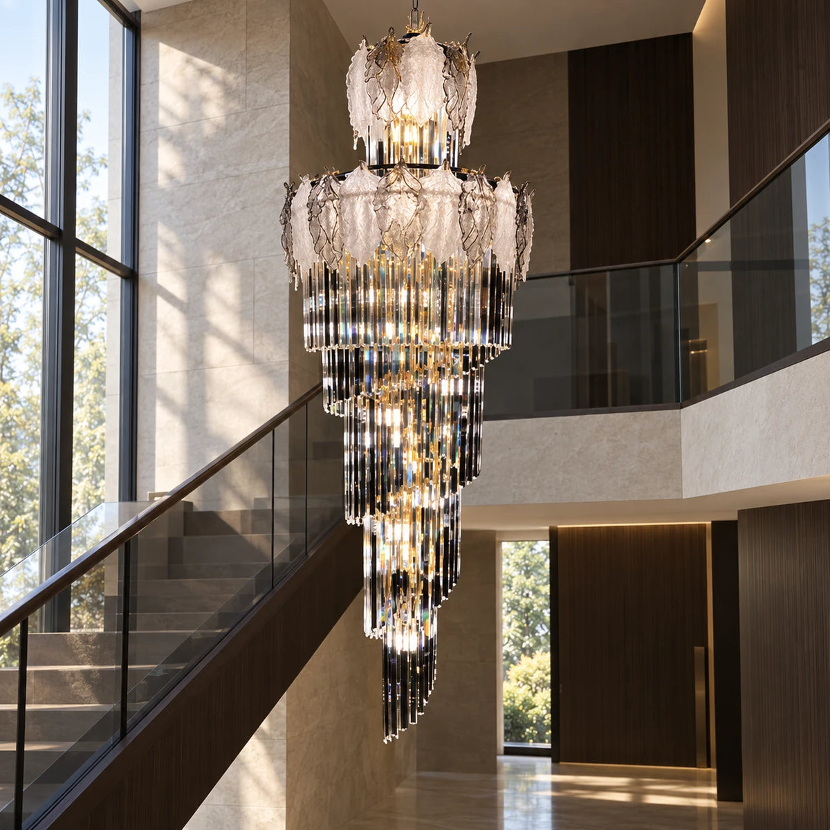 Tiered smoked glass crystal chandelier in a stairwell atrium