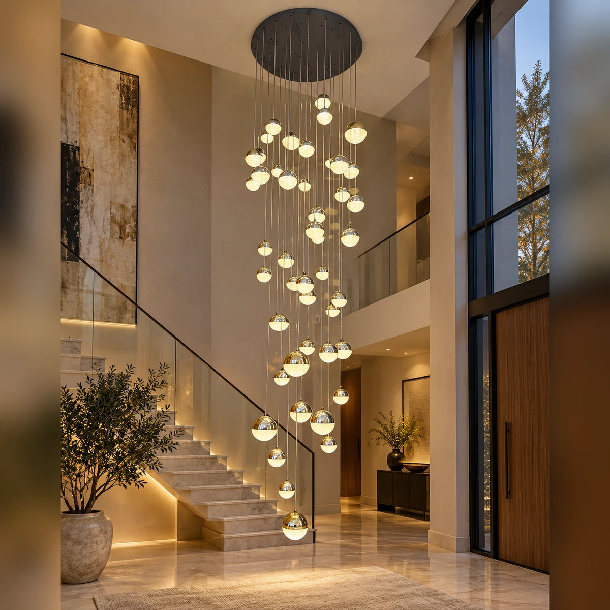 Cascading globe chandelier in a double-height stairwell