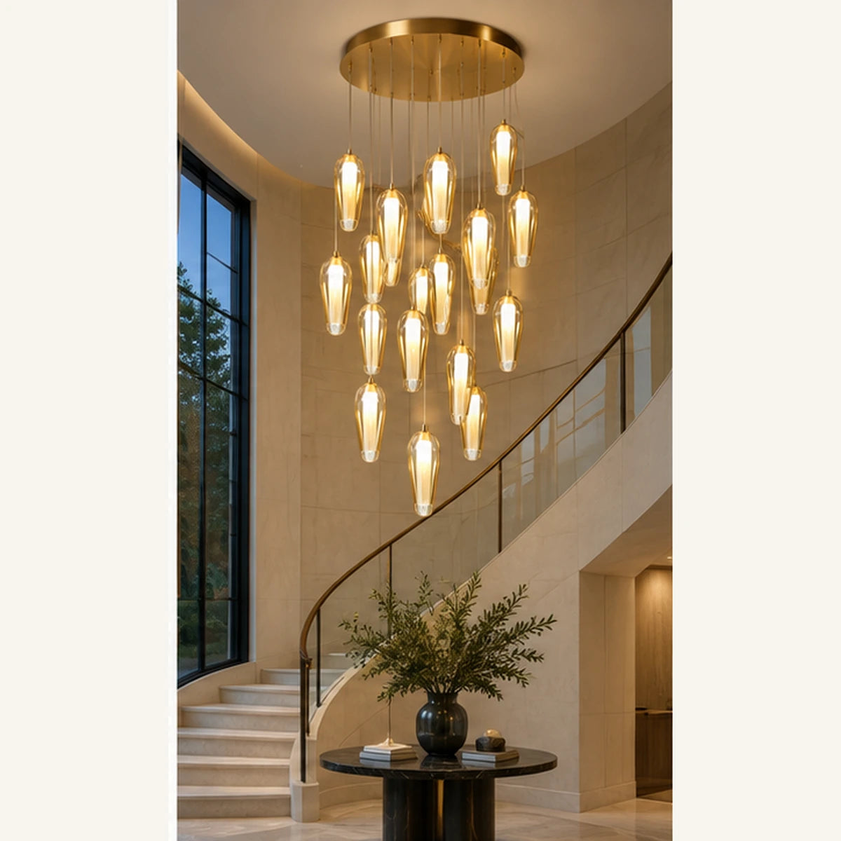 Gold amber capsule cluster in a stairwell