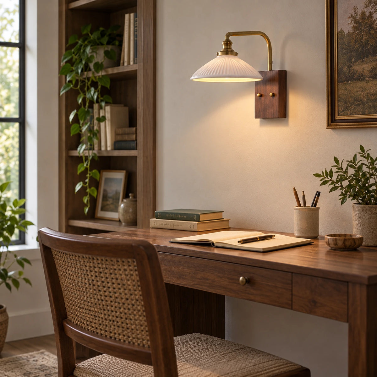 Ceramic dome reading wall sconce above an writing desk