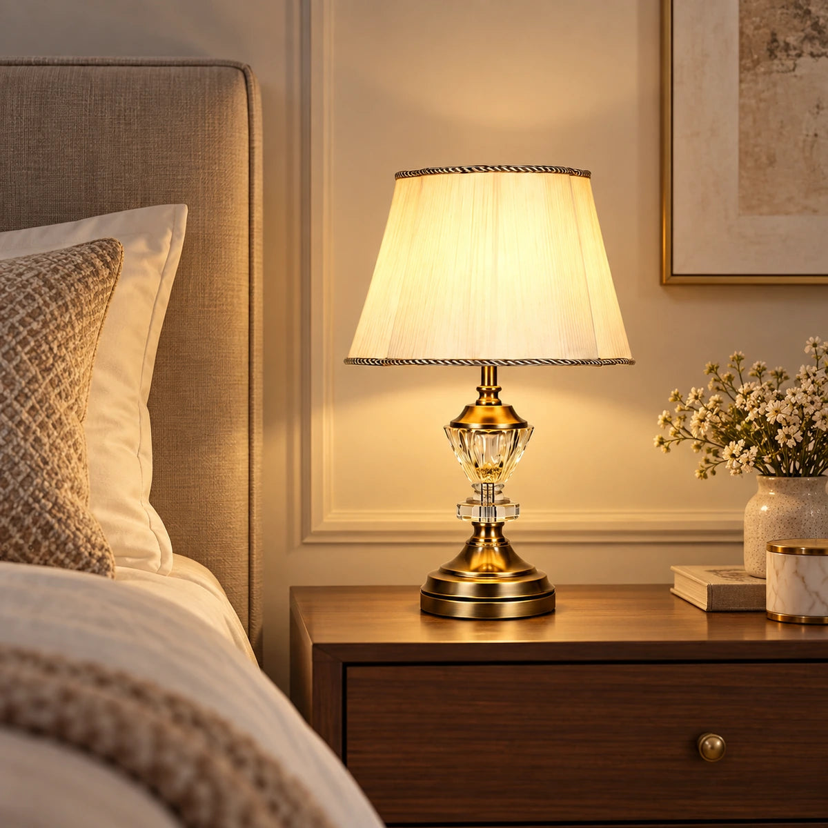 Crystal accent table lamp on a bedroom side table