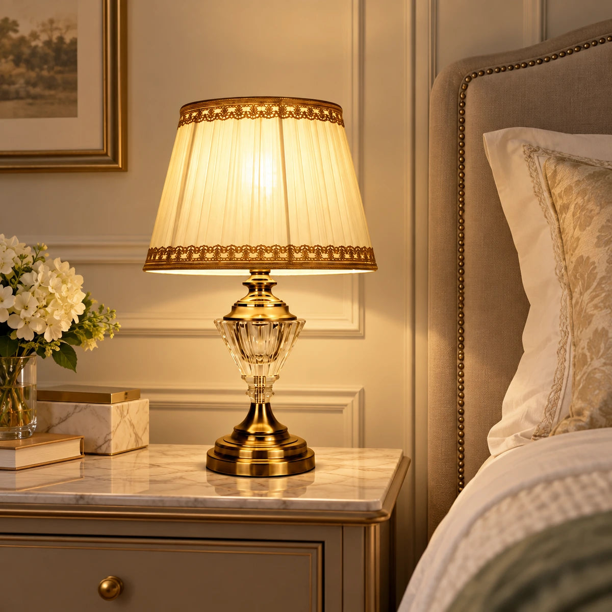Faceted crystal table lamp on a bedroom side table