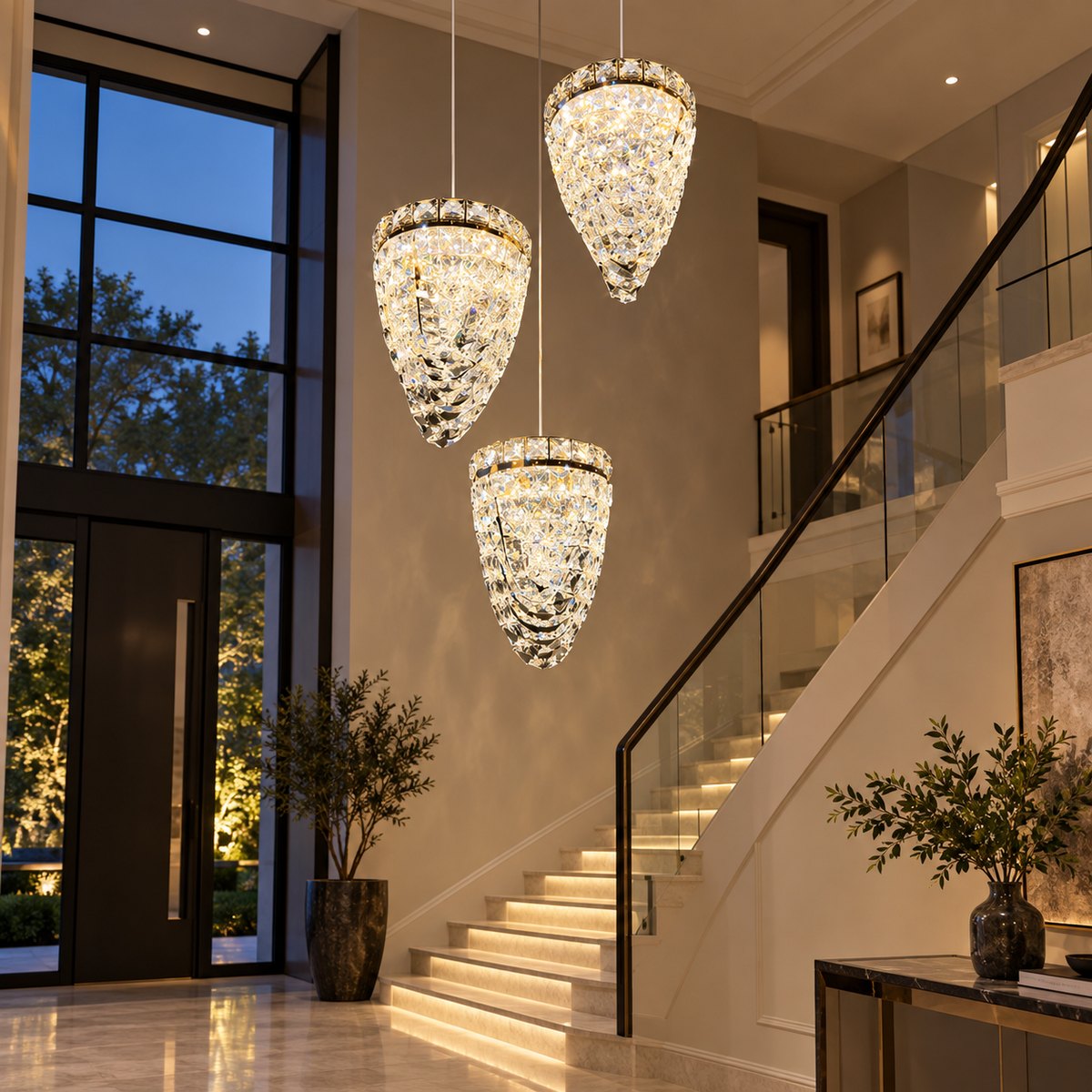 Three-drop faceted crystal chandelier in a double-height entrance