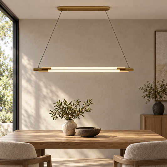 Twin linear tube pendant above a contemporary dining table