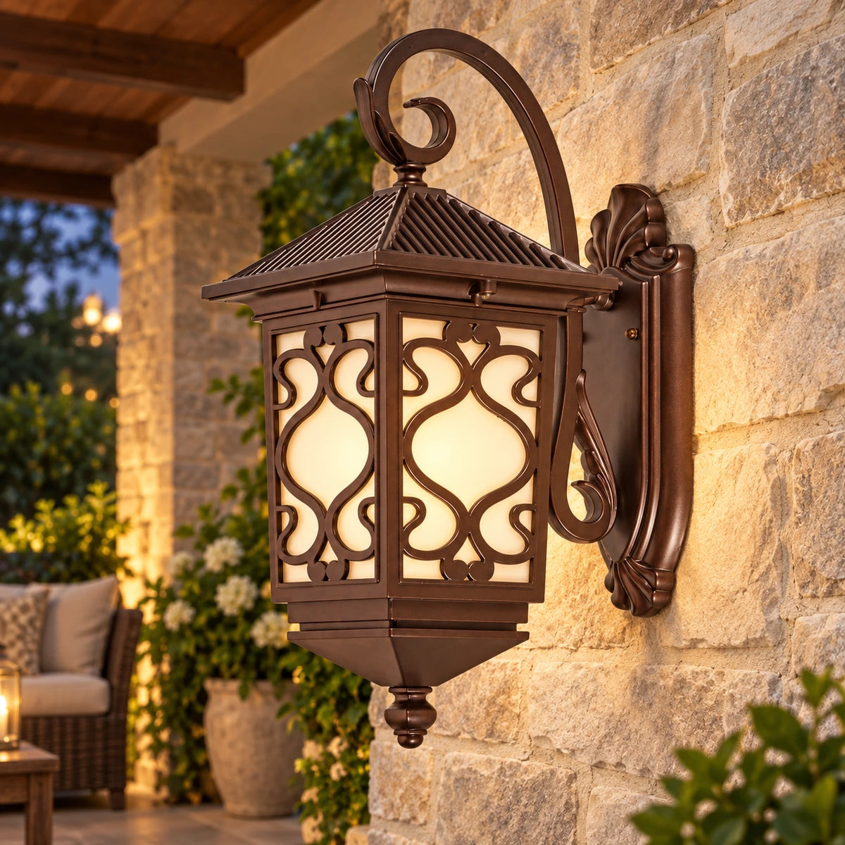 Ornate scrollwork wall lantern on a sheltered veranda