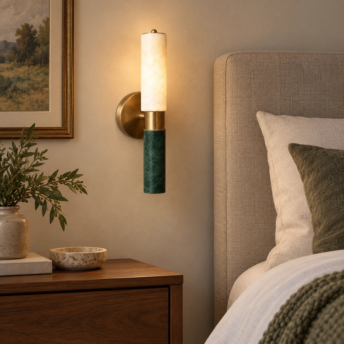 Axis Green Stone Wall Lamp, generated styled bedroom bedside scene based on real product video