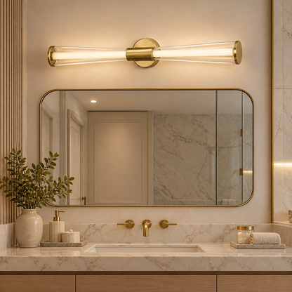 Elara brushed-gold twin-tube LED mirror light above a premium bathroom vanity