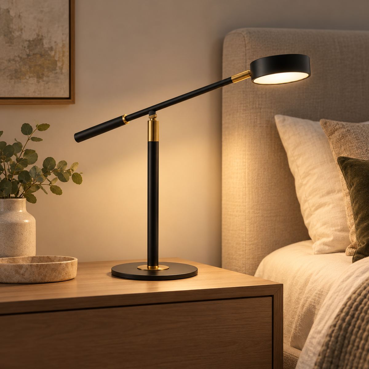 Axis black and gold task lamp on a contemporary bedside table