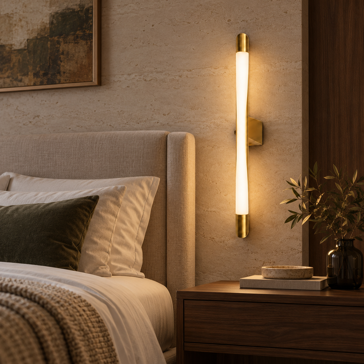 Serein curved gold and white wall light beside an upholstered bed in a warm hotel-style bedroom