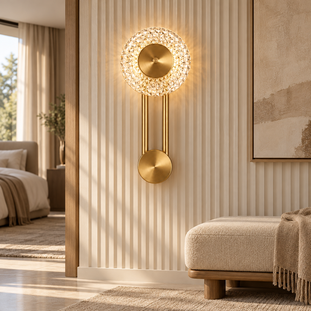 Celestine brushed-gold crystal LED wall light in a bright refined bedroom corridor