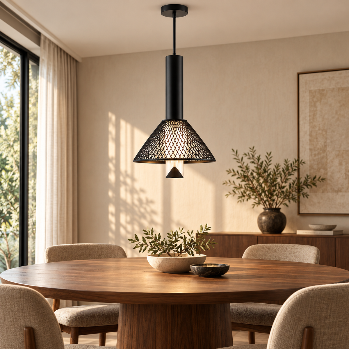 Nocturne matte-black mesh pendant light above a warm contemporary dining table