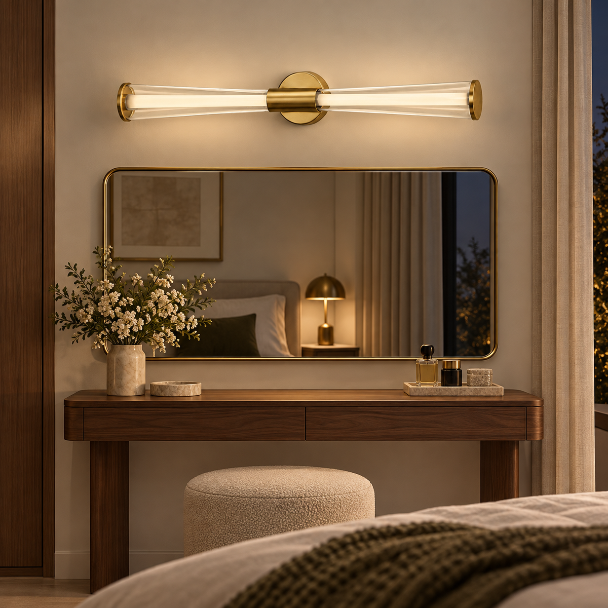 Elara brushed-gold twin-tube LED mirror light above a refined bedroom dressing mirror