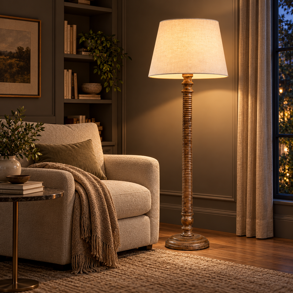 Lustrella bronze-brown ribbed column floor lamp in an evening reading corner