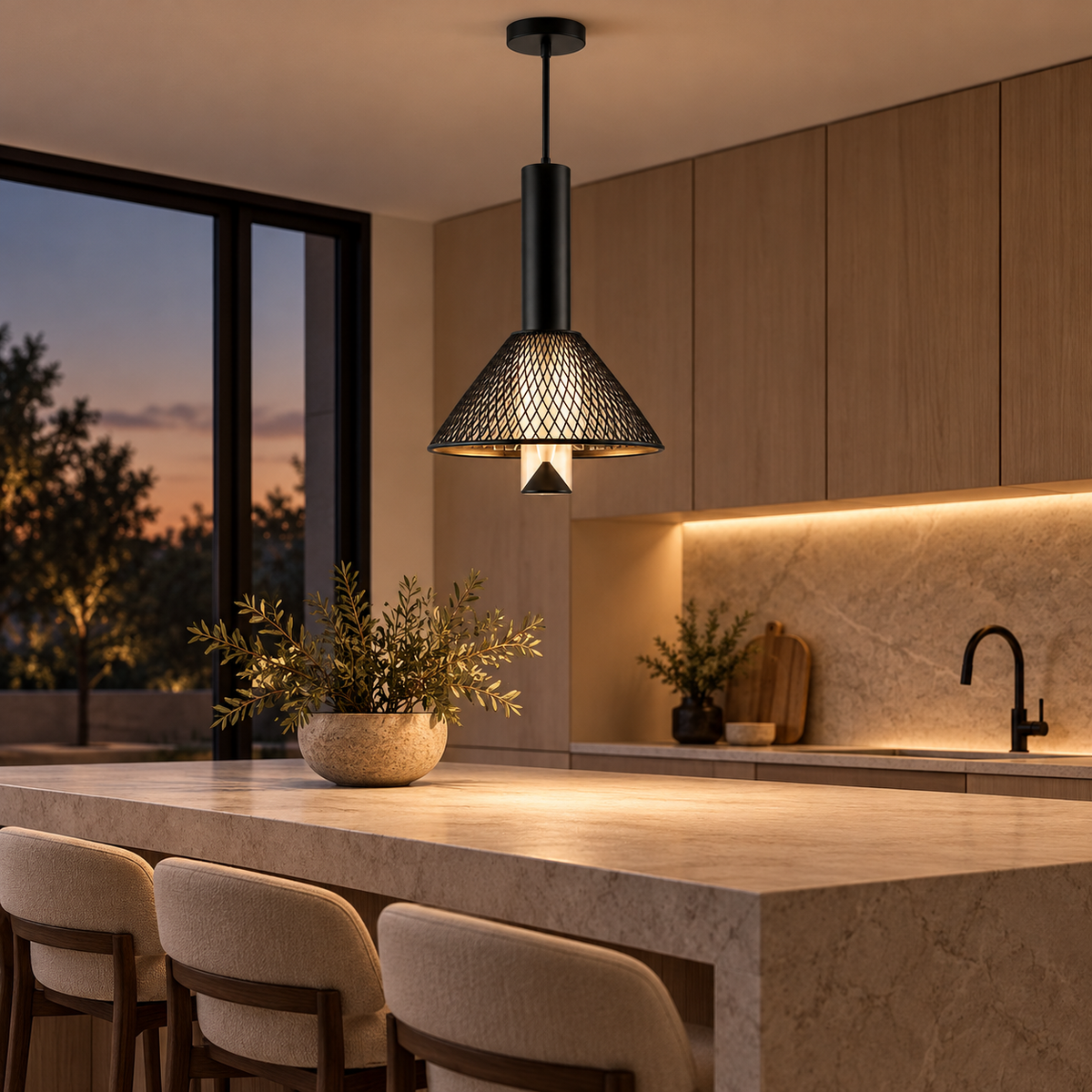 Nocturne matte-black mesh pendant light above a contemporary kitchen island