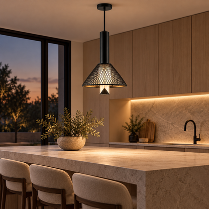 Nocturne matte-black mesh pendant light above a contemporary kitchen island