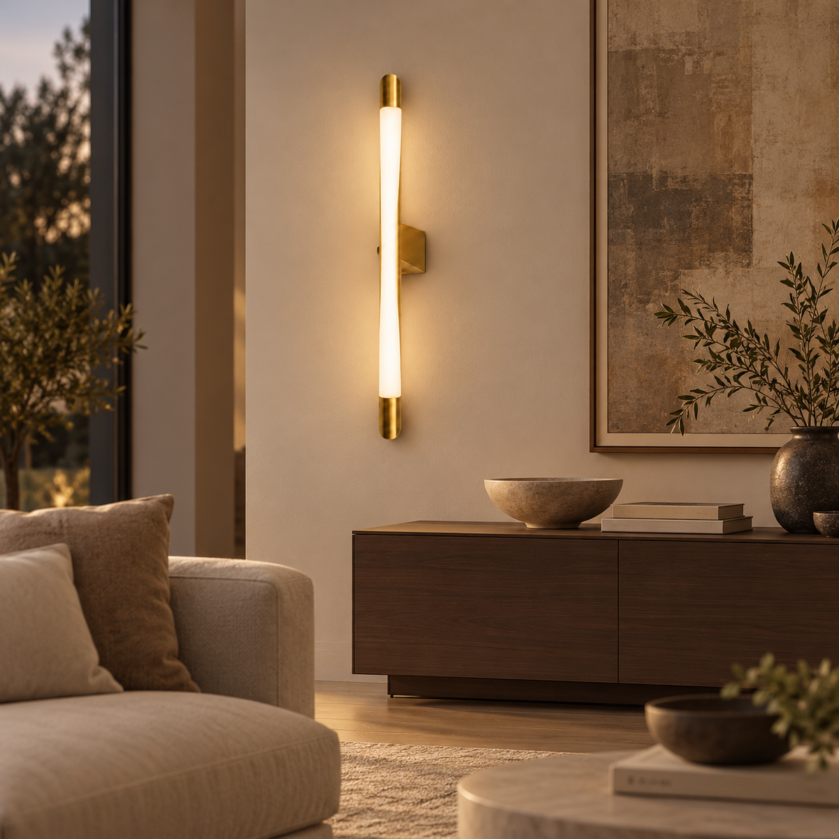 Serein curved gold and white wall light in a warm neutral living room beside a walnut console