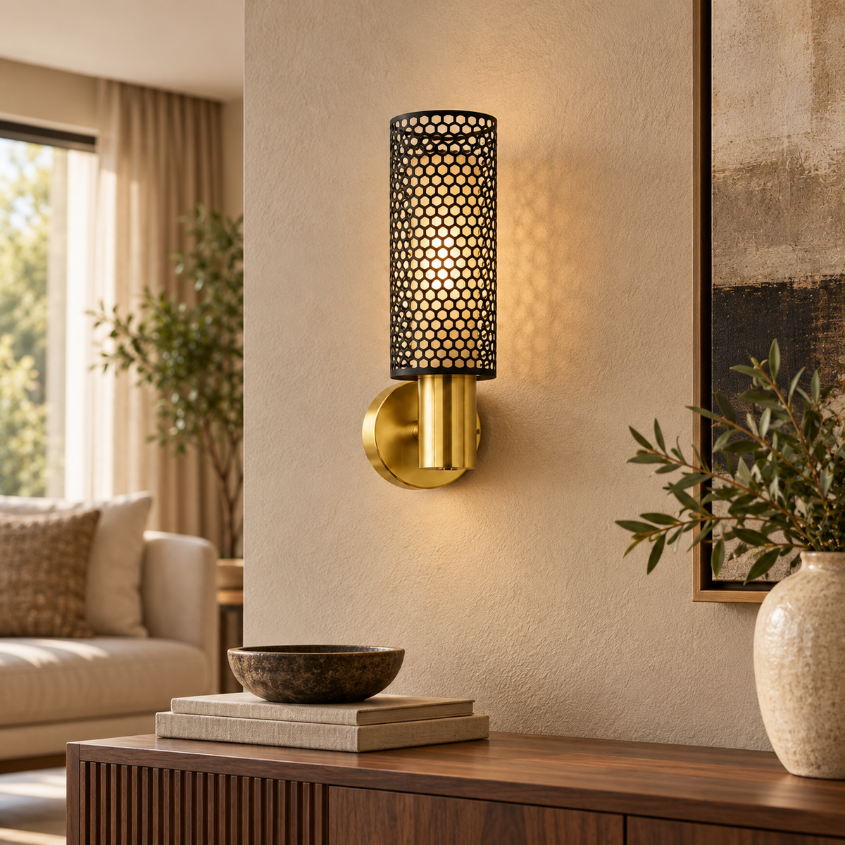 Vesper black honeycomb and brushed-gold LED wall light in a warm contemporary living room