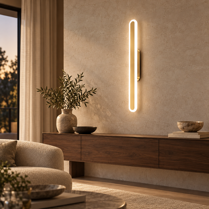 Luma Loop gold and white wall light in a warm neutral living room beside a walnut console