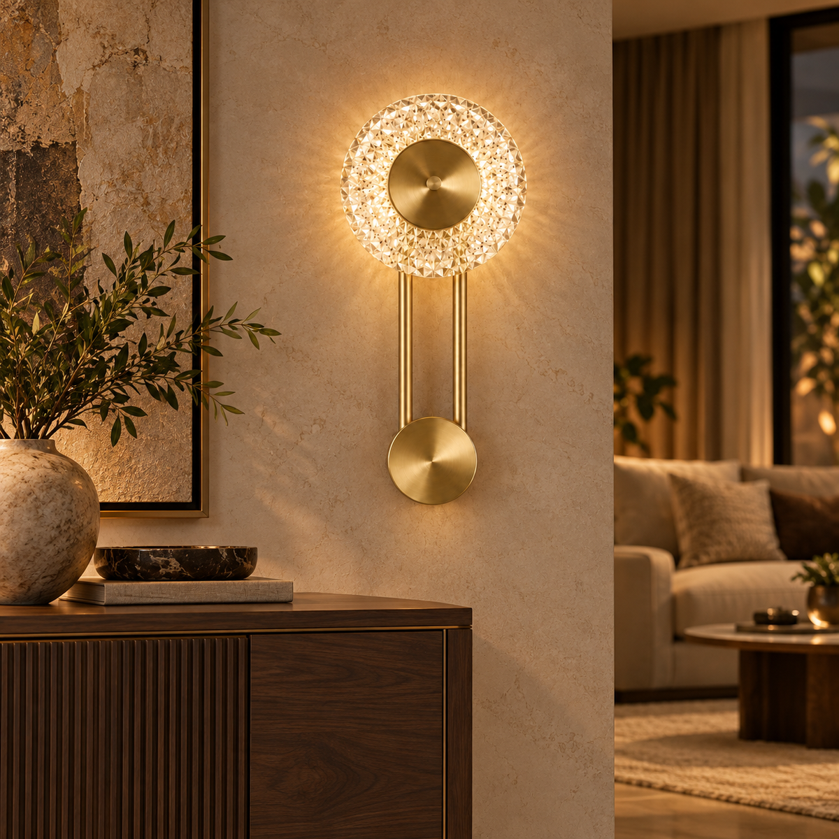 Celestine brushed-gold crystal LED wall light in a warm contemporary living room