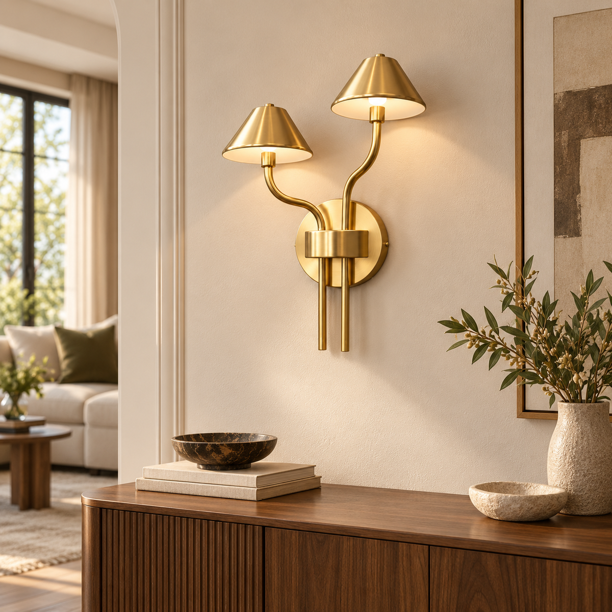 Auric gold and white wall light in a warm neutral living room beside a walnut console
