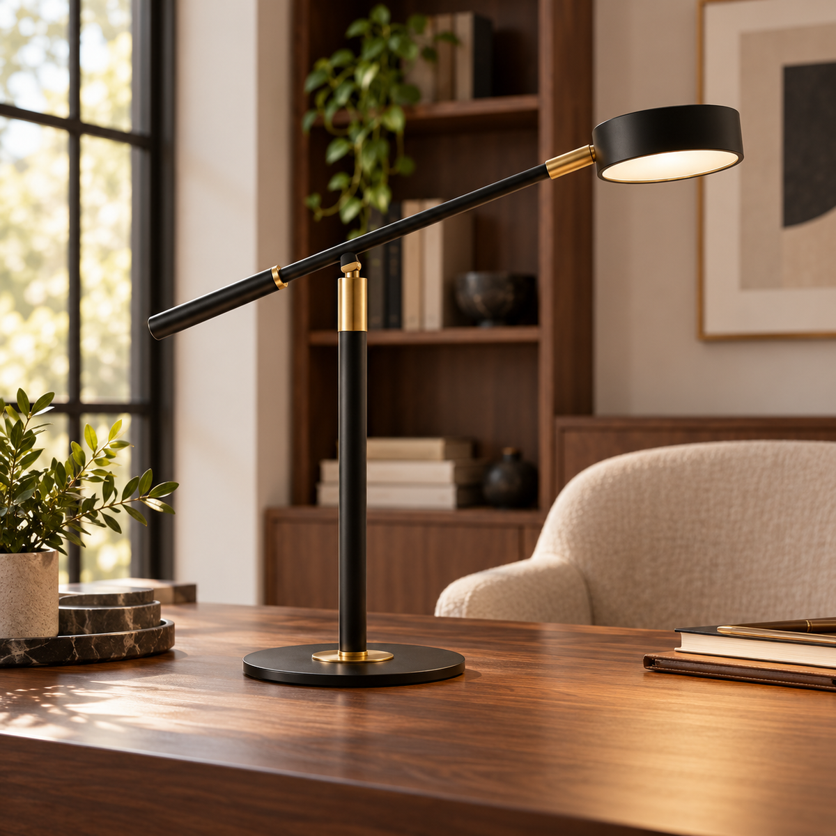 Axis black and gold task lamp on a walnut home-office desk