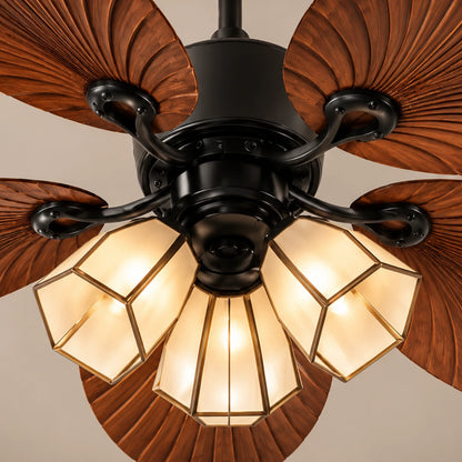 Close-up of Arbor fan's three faceted glass shades and curved blade brackets