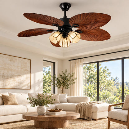 Arbor five-leaf ceiling fan with three lights in a bright living room