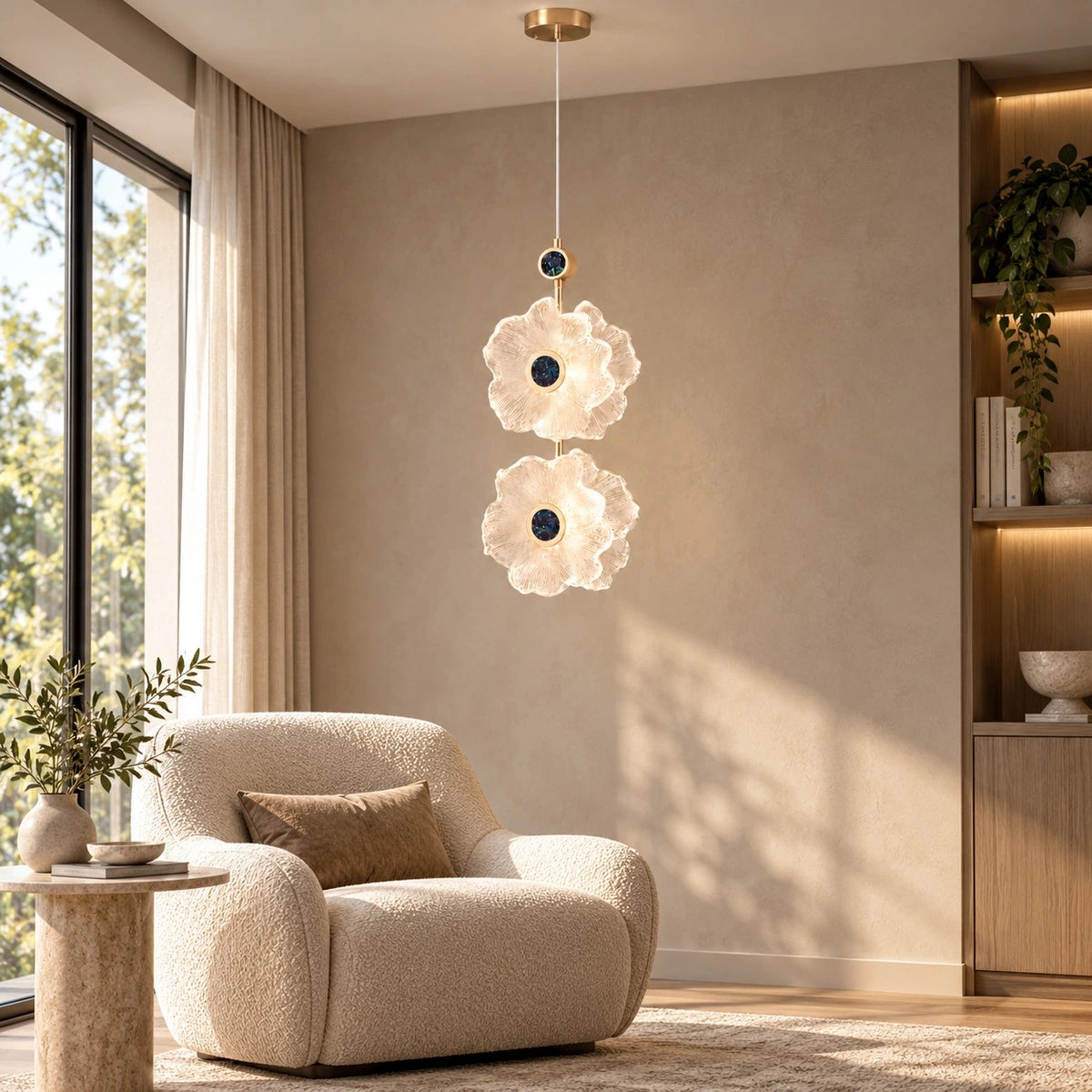 Celestia double floral glass pendant in a living-room reading corner