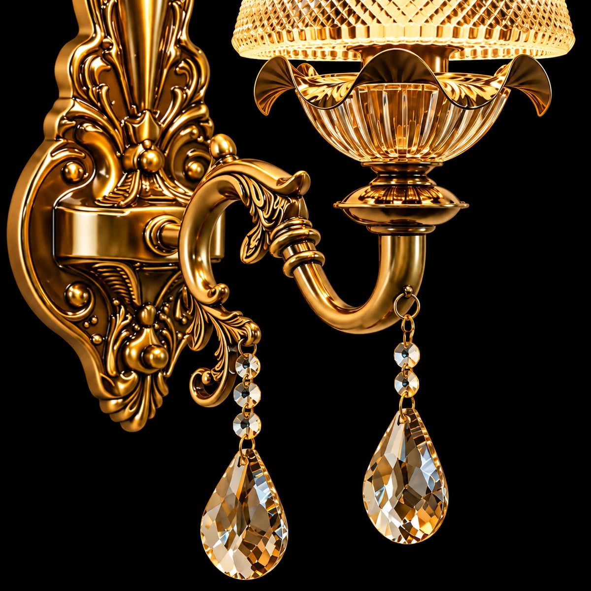 Close-up of the ornate backplate, curved arm and crystal drops