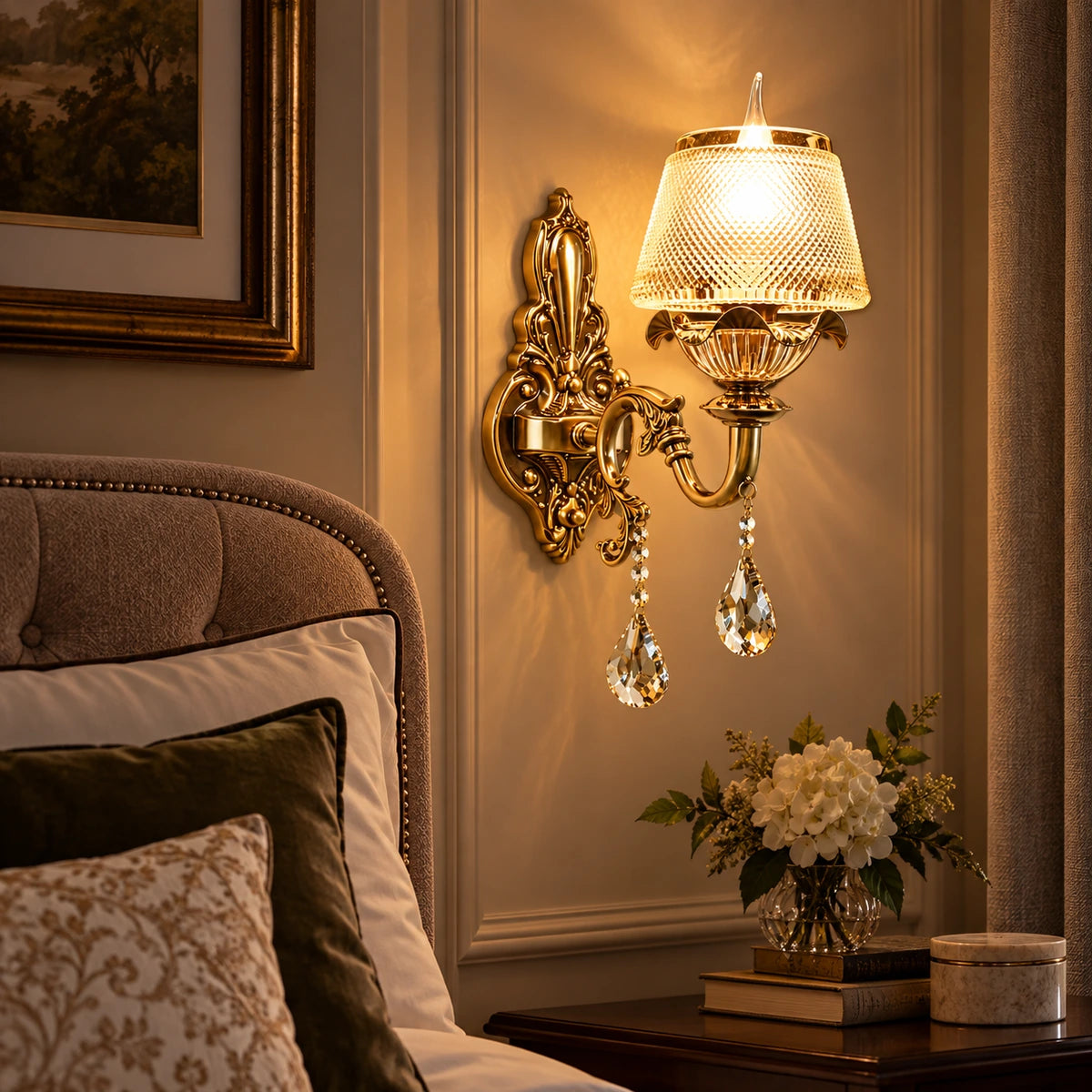 Antique gold crystal wall light beside a bedroom alcove