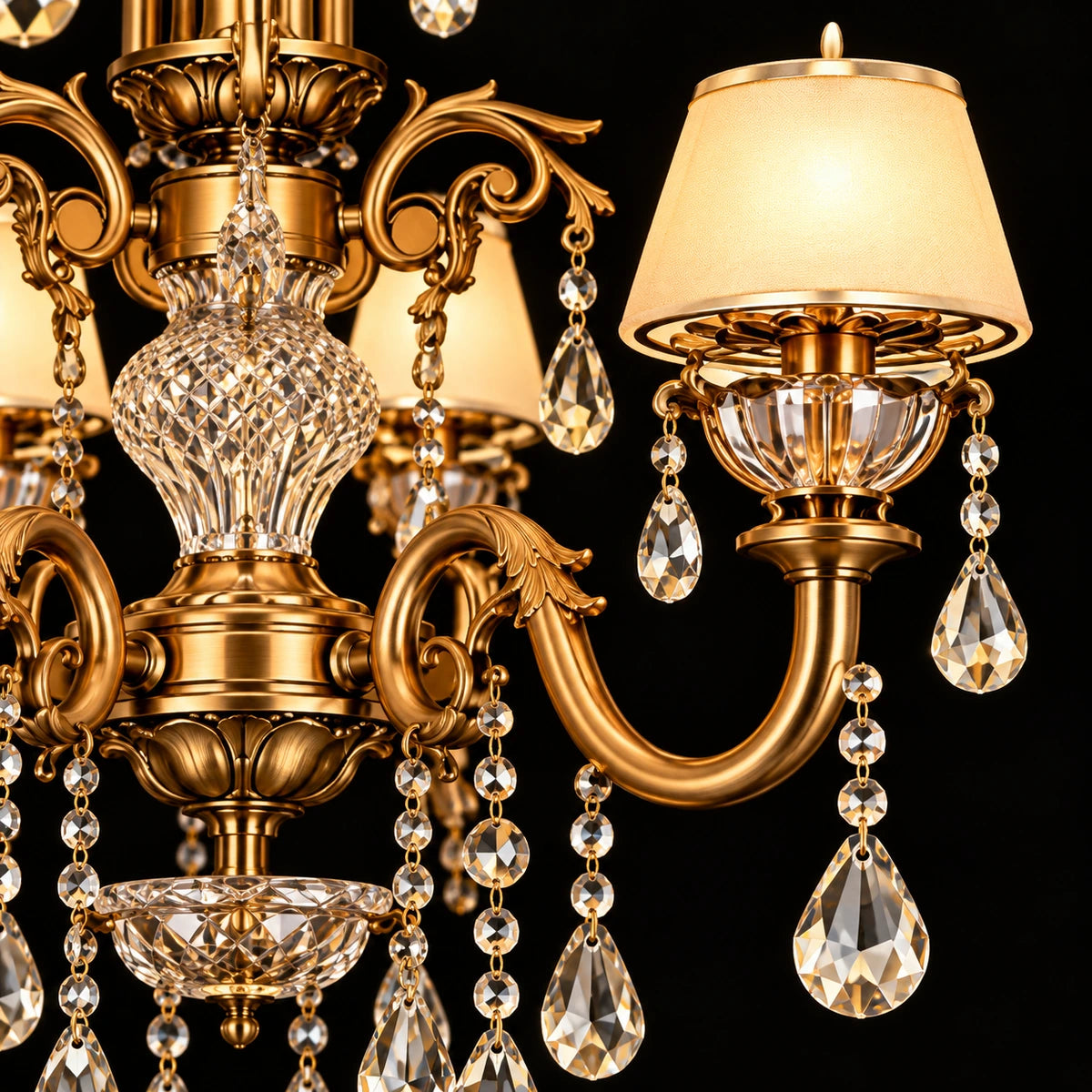 Close-up of the crystal stem, gold tier junction, arm and fabric shade