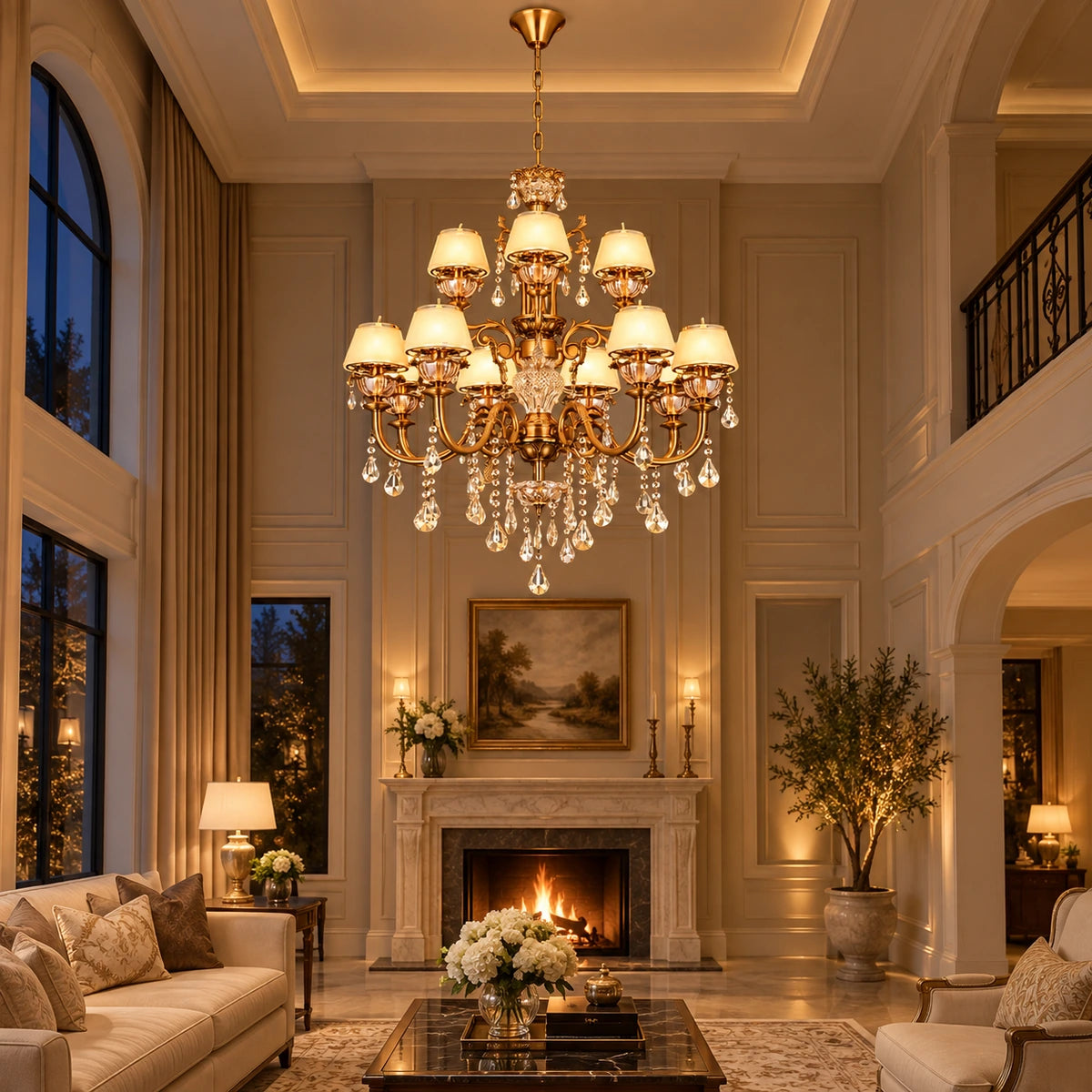 Two-tier antique gold crystal chandelier in a double-height living room