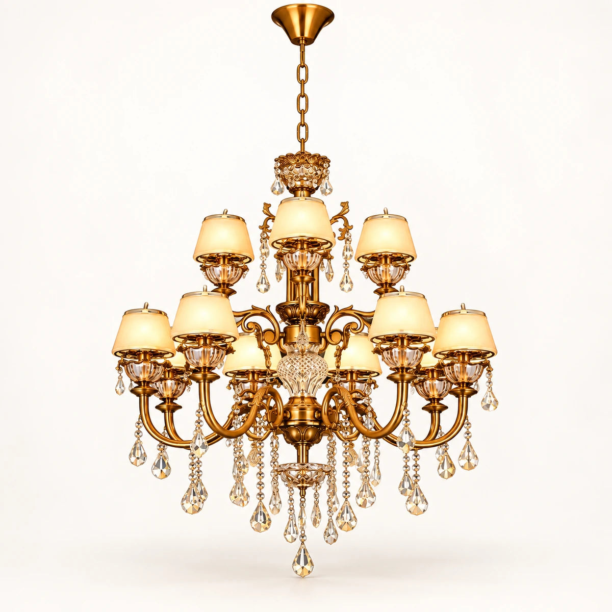 Two-tier antique gold crystal chandelier on a warm-white background