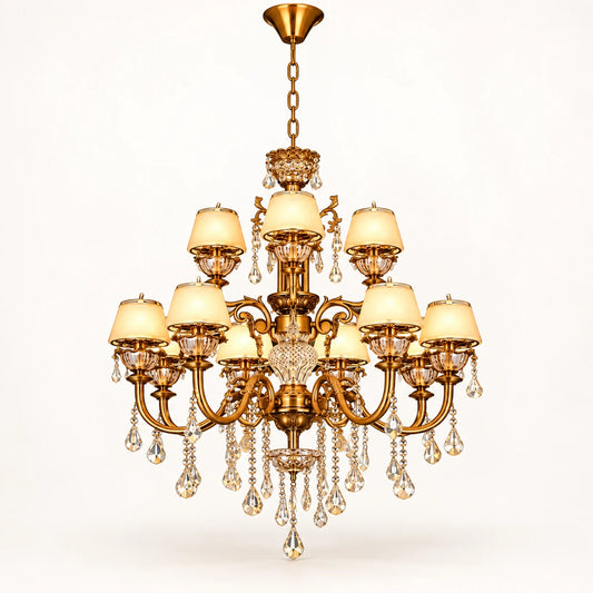 Two-tier antique gold crystal chandelier on a warm-white background