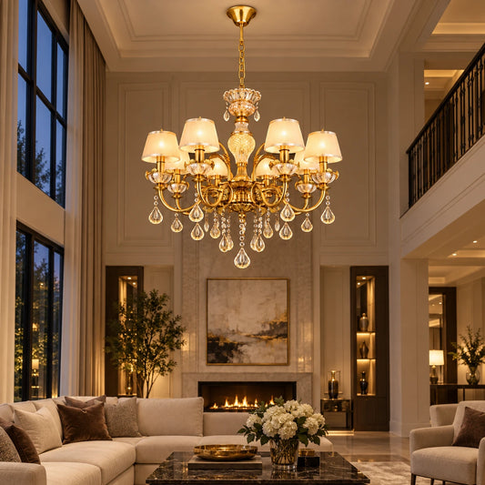 Antique gold eight-shade crystal chandelier in a double-height living room