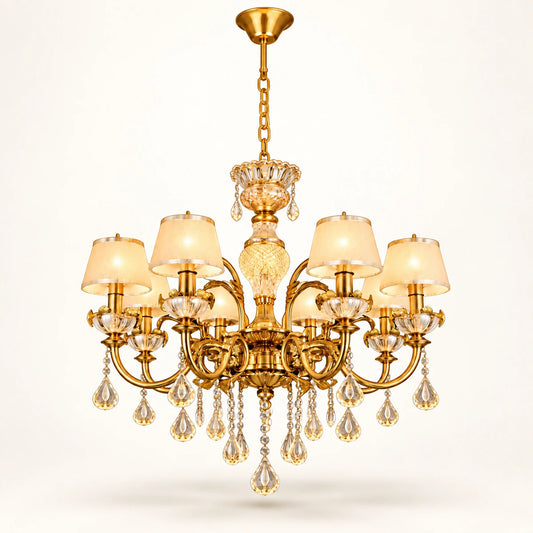 Antique gold eight-shade crystal chandelier on a warm-white background