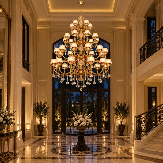 Monumental multi-tier crystal chandelier in a grand foyer