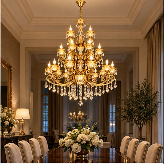 Three-tier crystal chandelier above a grand dining table