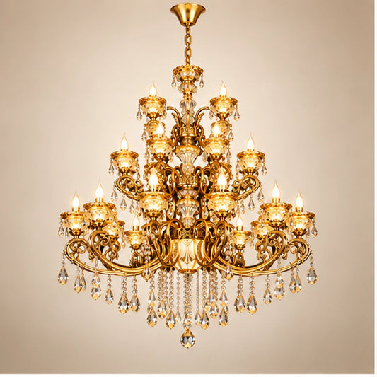 Antique gold three-tier crystal chandelier on warm white
