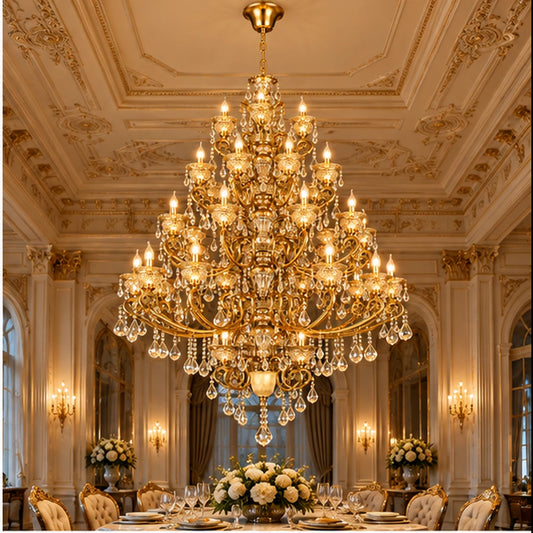 Five-tier crystal chandelier above a grand dining table