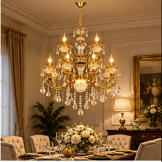 Two-tier crystal chandelier above a formal dining table