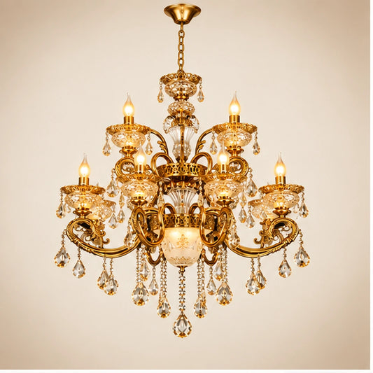 Antique gold two-tier twelve-light crystal chandelier on warm white