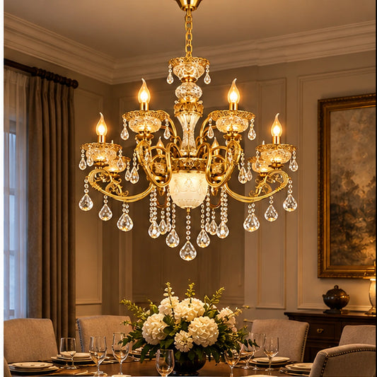 Eight-arm crystal chandelier above a dining table